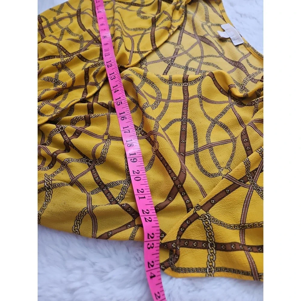 Michael Kors Yellow Gold Chain Print Dress Women's XL V-Neck Smocked Waist Ruffl